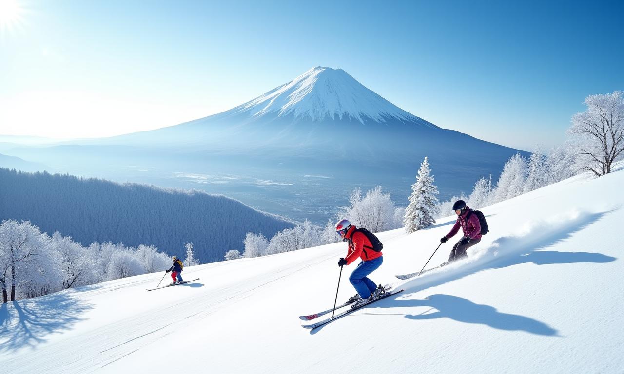 富士山を望むゲレンデを滑るスキーヤー