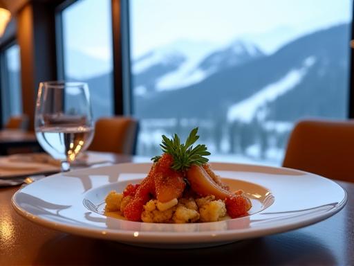 山の景色が見えるレストランの美味しい料理